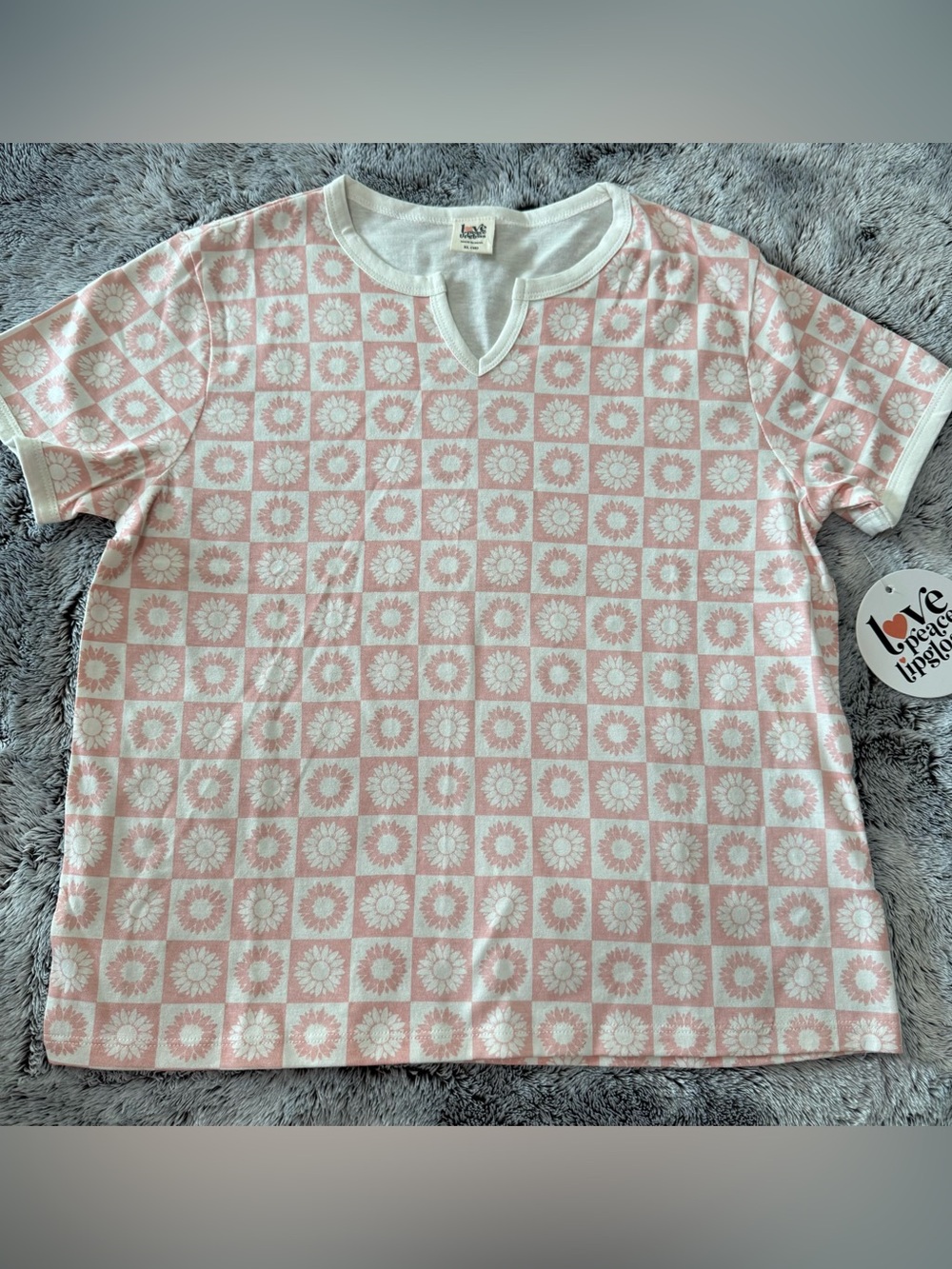 NWT Love Peace Lipgloss Girls 16 Short Sleeve Pink‎ Checkerboard Cotton Shirt